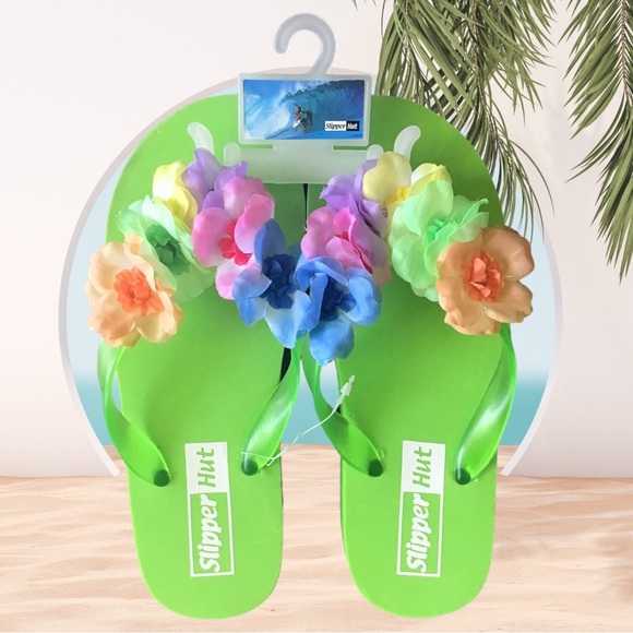 SLIPPER HUT FLIP FLOPS & STRAW HAT SET Flip Flops Green w/Flowers NWT SZ 7 - Picture 2 of 9